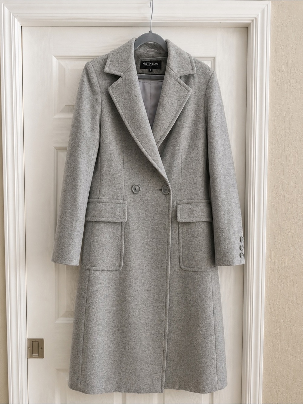 Kristen Blake Light Grey Double-Breasted Wool-Blend Trench Coat